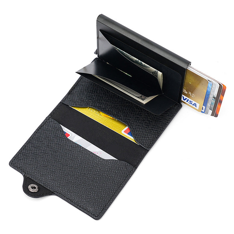Porte-cartes Le Classique ouvert, cartes sorties du boîtier en aluminium